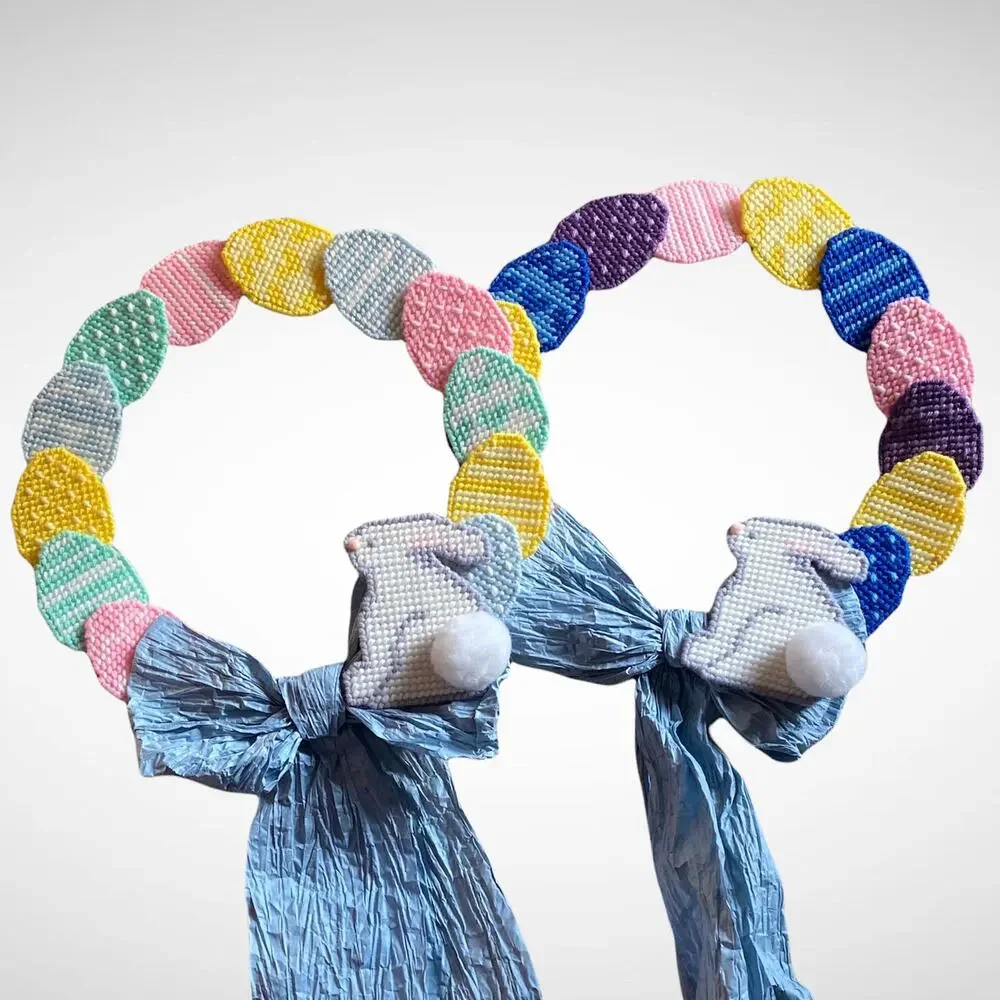 Pattern Yarn Art Eggs with Bunny Rabbit 2-different Embroidery Hoop Wreaths